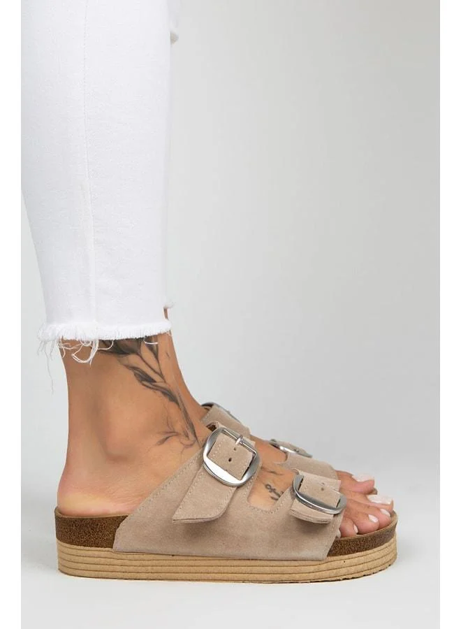Manijero  Selina Women's Genuine Leather Double Buckle Beige - Silver Slippers - Beige for Women | Best Price UAE