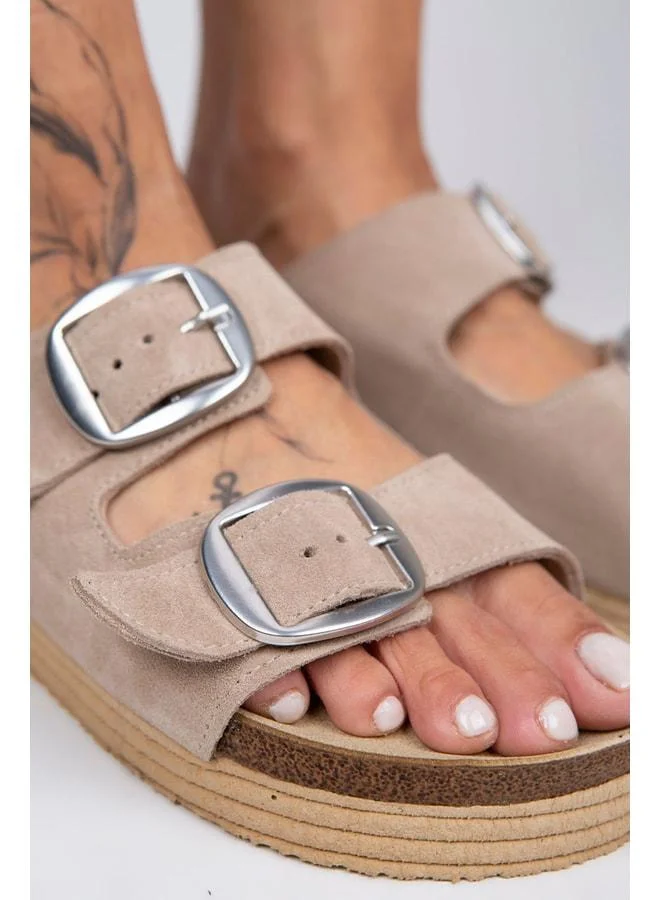 Manijero  Selina Women's Genuine Leather Double Buckle Beige - Silver Slippers - Beige for Women | Best Price UAE