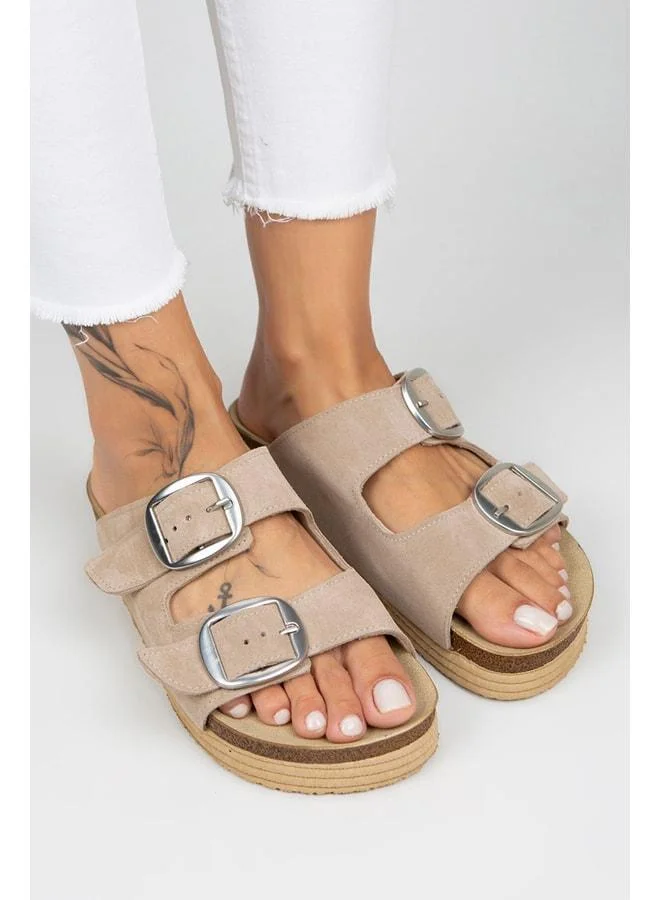 Selina Women's Genuine Leather Double Buckle Beige - Silver Slippers - Beige