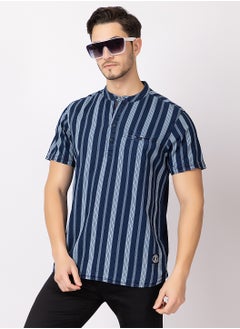 OCTAVE Octave Men's Fabric Vertical Stripe Knitted T-Shirt,Indigo Blue  - Image 1