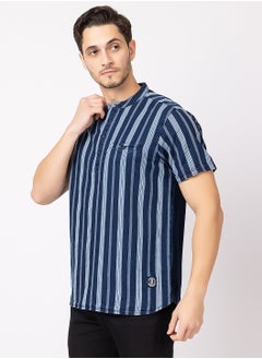 OCTAVE Octave Men's Fabric Vertical Stripe Knitted T-Shirt,Indigo Blue  - Image 2