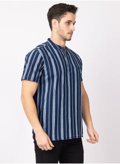OCTAVE Octave Men's Fabric Vertical Stripe Knitted T-Shirt,Indigo Blue  - Image 3