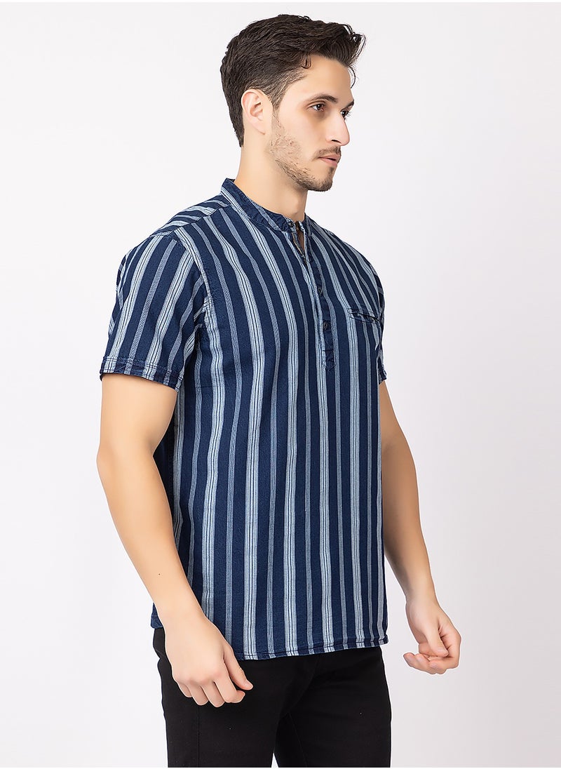 OCTAVE - Octave Men's Fabric Vertical Stripe Knitted T-Shirt,Indigo Blue - Image 1