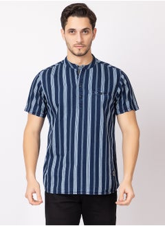 OCTAVE Octave Men's Fabric Vertical Stripe Knitted T-Shirt,Indigo Blue  - Image 4