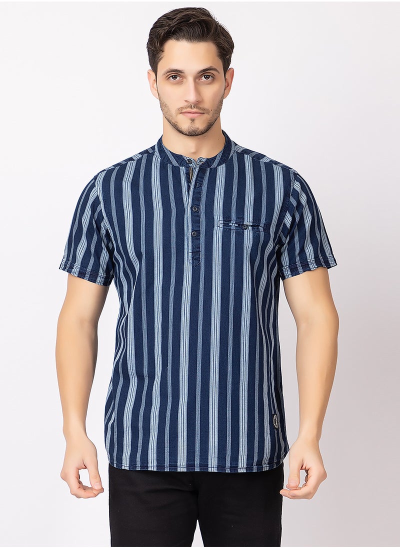 OCTAVE - Octave Men's Fabric Vertical Stripe Knitted T-Shirt,Indigo Blue - Image 1