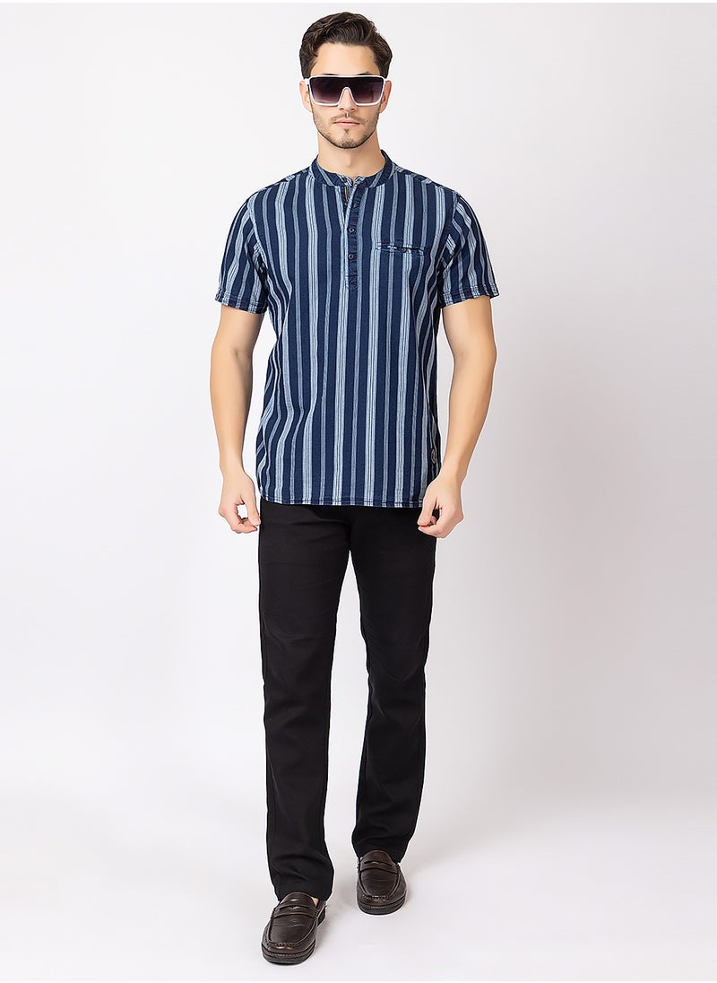 OCTAVE - Octave Men's Fabric Vertical Stripe Knitted T-Shirt,Indigo Blue - Image 1