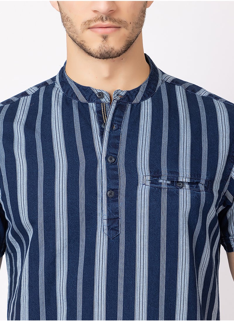 OCTAVE - Octave Men's Fabric Vertical Stripe Knitted T-Shirt,Indigo Blue - Image 1