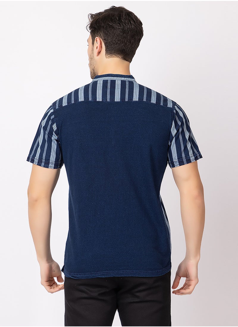 OCTAVE - Octave Men's Fabric Vertical Stripe Knitted T-Shirt,Indigo Blue - Image 1