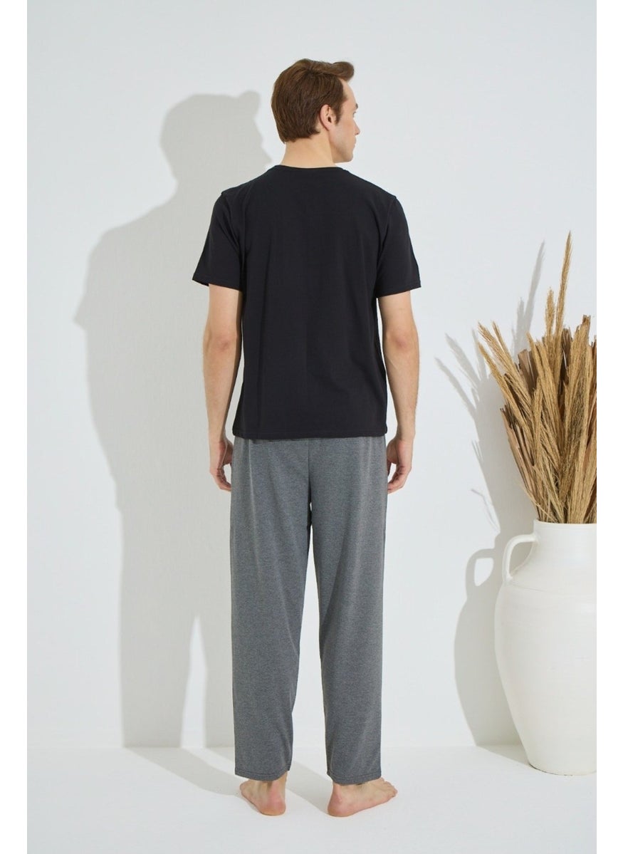 Bie's Men's Black Crew Neck Short Sleeve Round Neck Pocket Summer Cotton Pajama Set  - Image 2