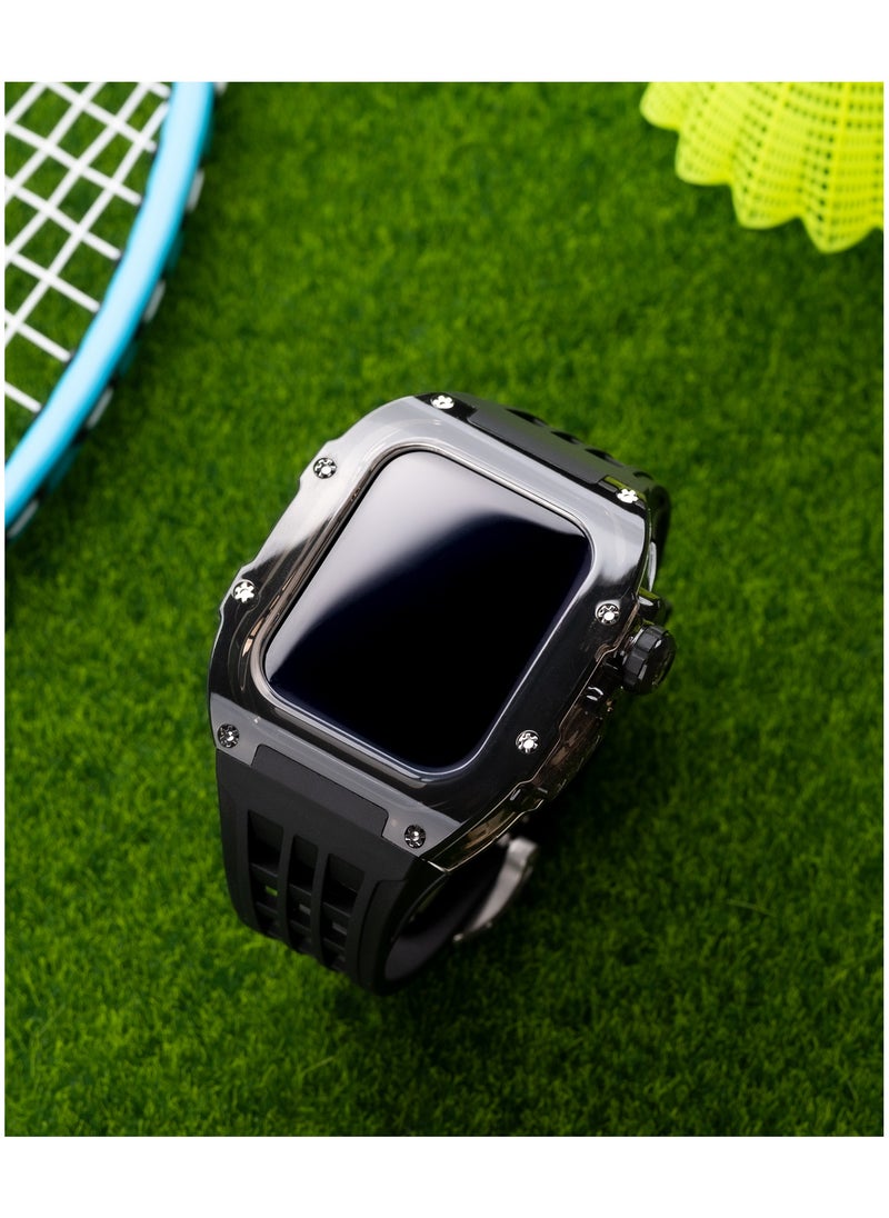 Generic Fluororubber Band with PC Case for Apple Watch 45mm/44mm, Luxury RM Mod Kit for Apple iWatch Series 9 8 7 SE 6 5 4, Black  - Image 2