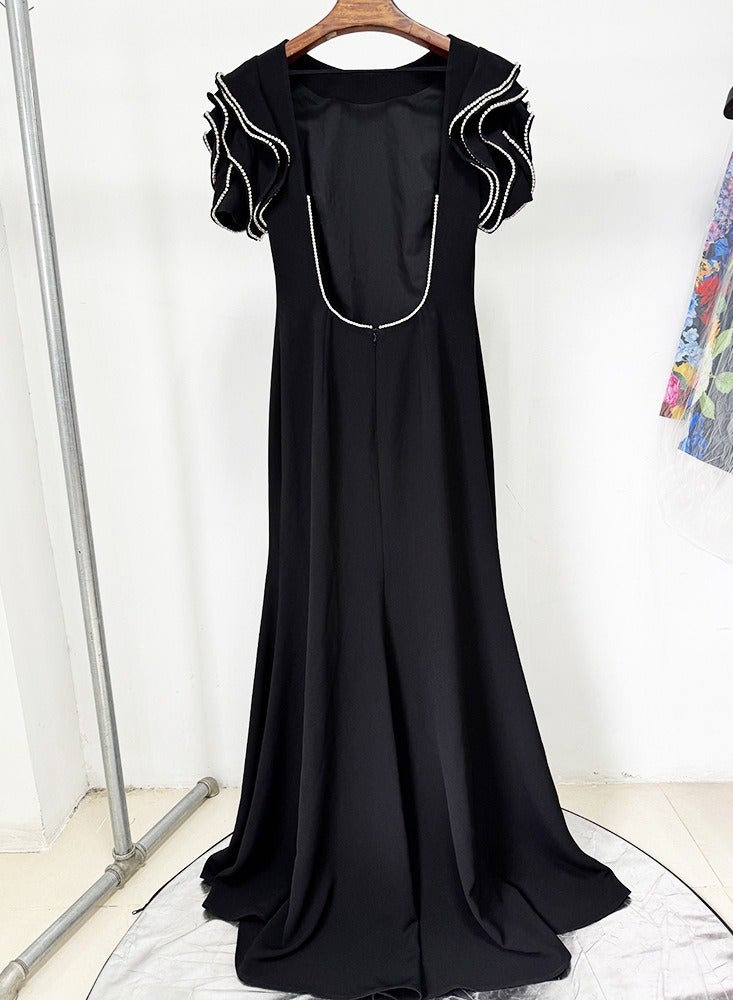 Madam Uniq Black Mermaid - Gown with Contrast - Stitched Sculpted Sleeves & Open - Back Detail  - Image 4