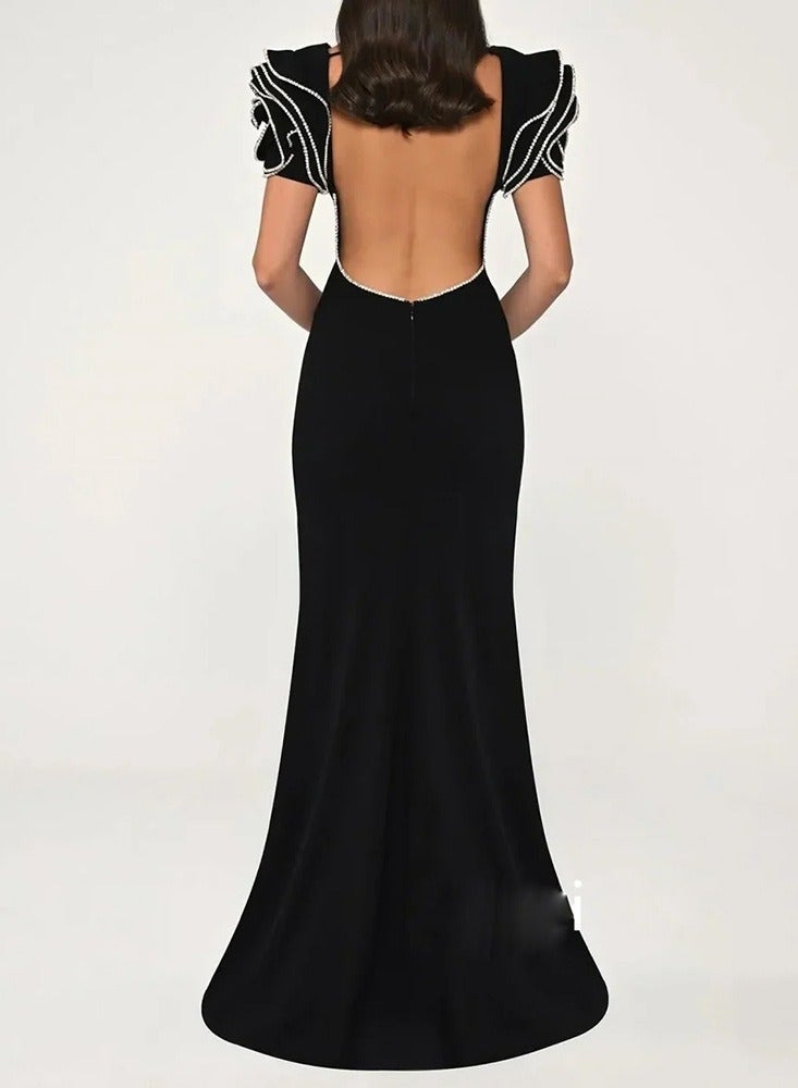 Madam Uniq Black Mermaid - Gown with Contrast - Stitched Sculpted Sleeves & Open - Back Detail  - Image 2