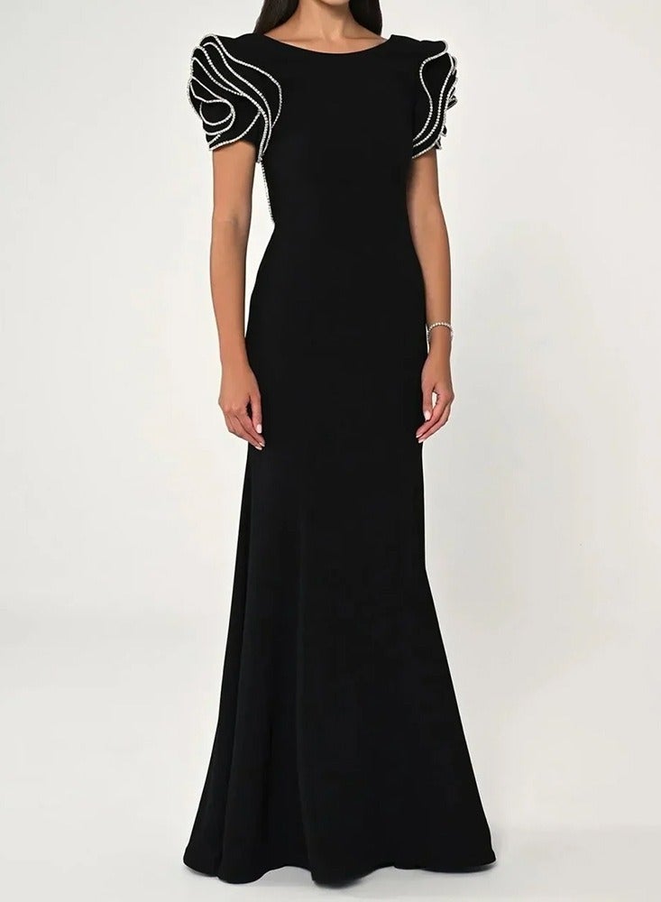 Madam Uniq Black Mermaid - Gown with Contrast - Stitched Sculpted Sleeves & Open - Back Detail  - Image 1