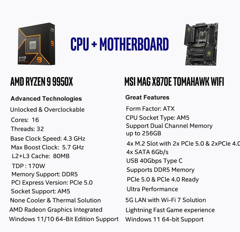 Micro Center AMD Ryzen 9 9950X CPU Processor with MSI MAG X870E Tomahawk WiFi ATX Motherboard (DDR5, PCIe 5.0 x16, M.2 Gen5, Wi-Fi 7, 5G LAN) - Image 2
