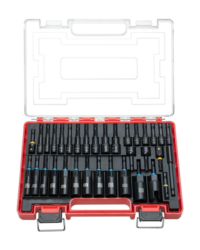 ROTATION 34-Piece Impact Nut Driver Set, Magnetic, SAE & Metric, Nut Drivers Set for Impact Drill, Deep Impact Nut Drivers, Impact Socket Adapters, Wing Nut Driver, Bit Extension, with Storage Case - Image 1