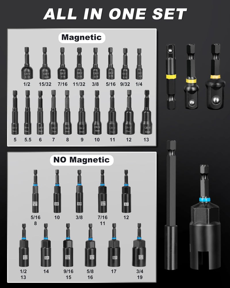 ROTATION 34-Piece Impact Nut Driver Set, Magnetic, SAE & Metric, Nut Drivers Set for Impact Drill, Deep Impact Nut Drivers, Impact Socket Adapters, Wing Nut Driver, Bit Extension, with Storage Case - Image 2