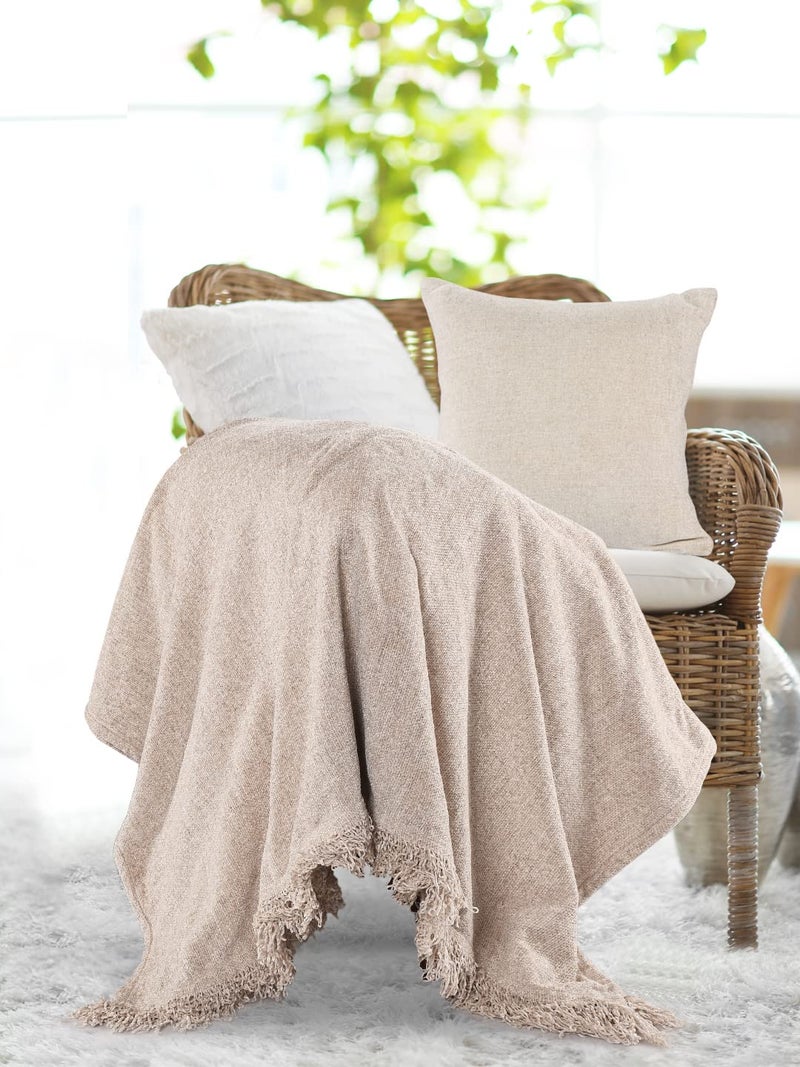 SASHAA WORLD Solid Soft Chenille Throw Blanket for Sofa, Bed & Couch with Cushion Cover Set | Natural Throw & Cushion Cover | Throw-130x180 cm, Cushion-45x45 cm - Image 2
