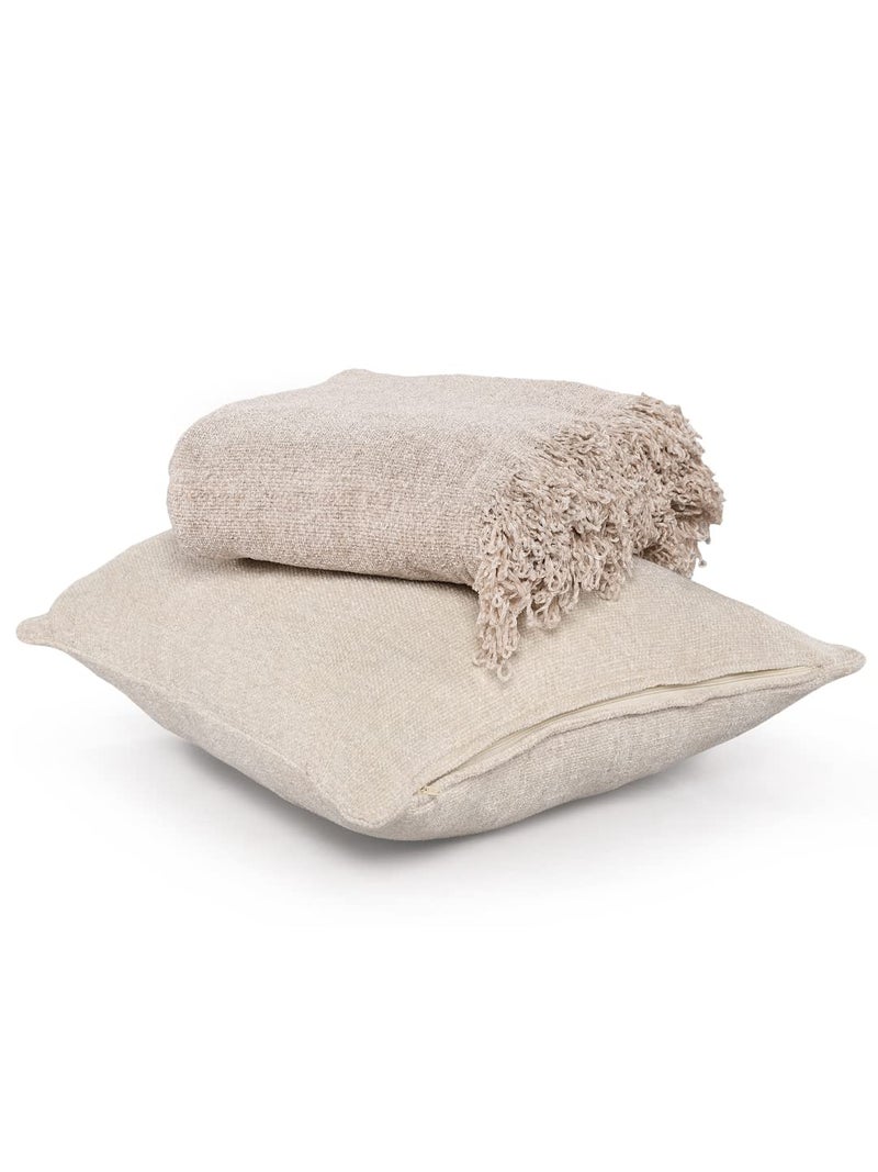 SASHAA WORLD Solid Soft Chenille Throw Blanket for Sofa, Bed & Couch with Cushion Cover Set | Natural Throw & Cushion Cover | Throw-130x180 cm, Cushion-45x45 cm - Image 1