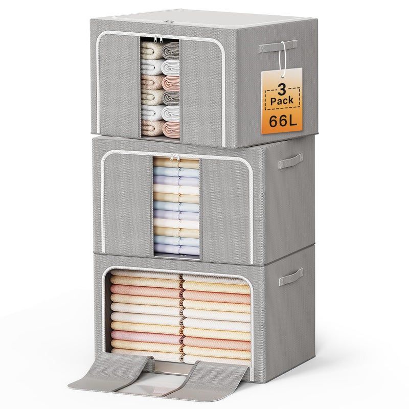 LeArex Clothes Storage Bins with Metal Frame Foldable Storage Box Clothes Organizers Storage Containers for Clothes Sheets Blankets Books Toys Gifts and Holiday Decorations (66Lx3 Pack) - Image 1