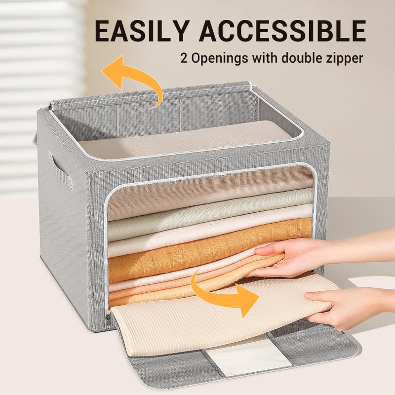 LeArex Clothes Storage Bins with Metal Frame Foldable Storage Box Clothes Organizers Storage Containers for Clothes Sheets Blankets Books Toys Gifts and Holiday Decorations (66Lx3 Pack) - Image 4