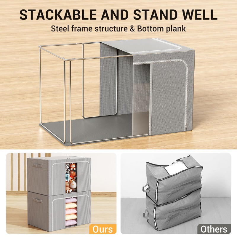 LeArex Clothes Storage Bins with Metal Frame Foldable Storage Box Clothes Organizers Storage Containers for Clothes Sheets Blankets Books Toys Gifts and Holiday Decorations (66Lx3 Pack) - Image 2