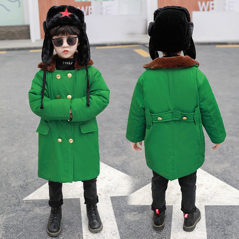 Children'S Clothing 2025 Winter New Style Boys' Fleece-Lined Military Coat Korean Style Mid-Length Kidsren'S Warm Jacket - Image 1