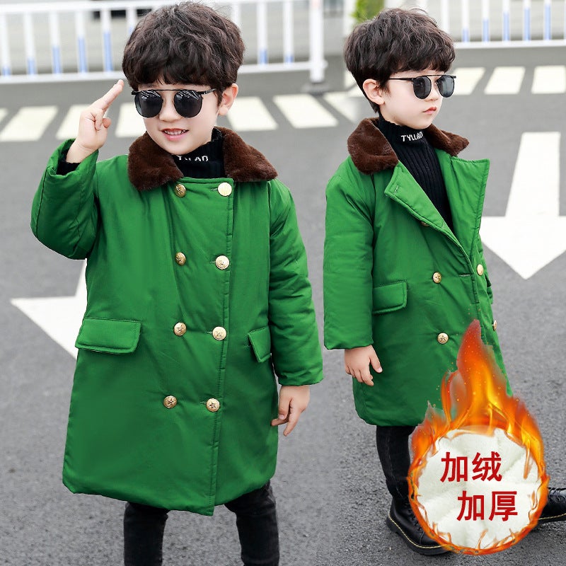 Children'S Clothing 2025 Winter New Style Boys' Fleece-Lined Military Coat Korean Style Mid-Length Kidsren'S Warm Jacket - Image 3