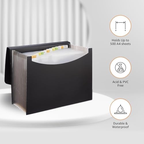 COI Expanding File Folder with 12 Pockets, A-Z Tabs & Button Closure | Accordion File Organizer Holds 500 Sheets, A4 Size | Waterproof & Acid-Free | Document Folder for Bills, Office, School, Home - Image 3