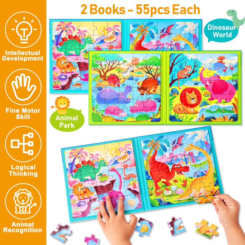 Hieoby Magnetic Puzzles for Kids Ages 3-5, Two-Book Set, Dinosaur Animal Jigsaw Puzzle Magnet Books Travel Games Montessori Preschool Learning Activities Toddler Toys for 3 4 5 6 Year Old Boys Girls - Image 3
