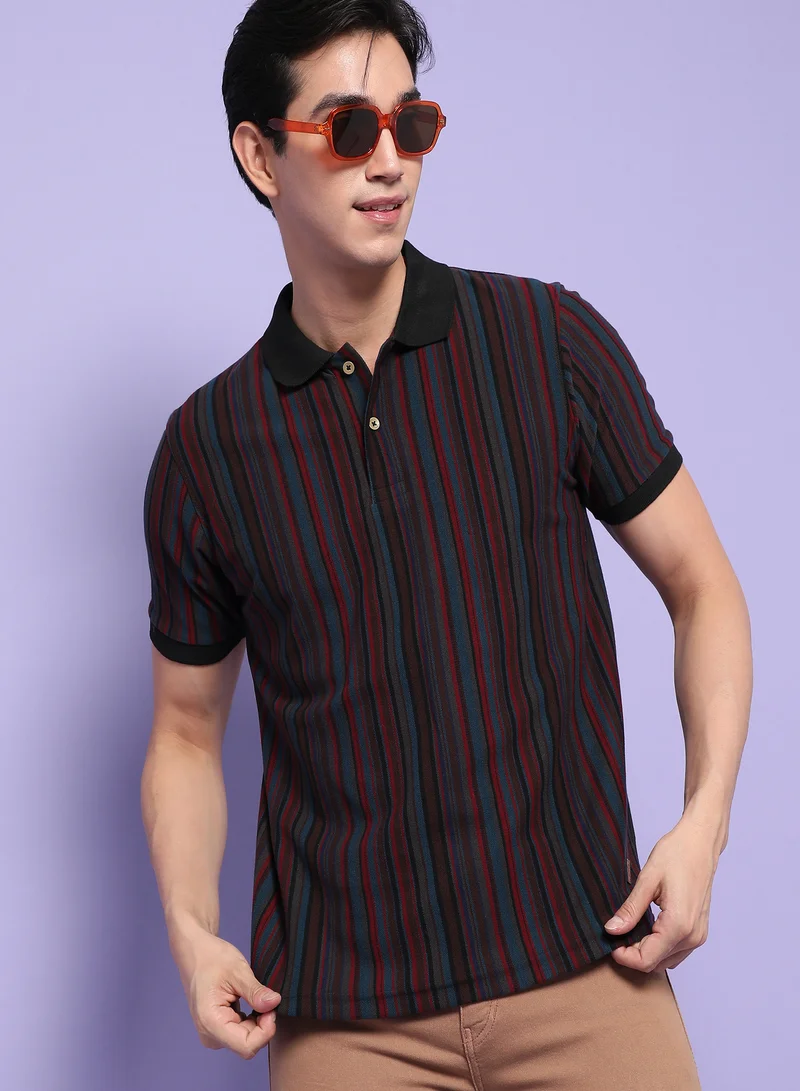 Campus Sutra Campus Sutra Men's Multicolour Striped Short Sleeve Regular Fit Casual Polo T-Shirt For Casual Wear | Modern Clothing T-Shirt Crafted With Comfort Fit And High-Performance For Everyday Wear