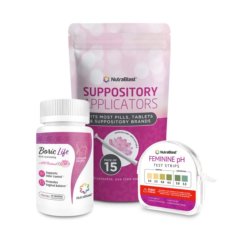 NutraBlast Boric Acid Suppositories 600mg 30 Count Bundle with Disposable Suppository Applicators 15Pack and Feminine pH Test Strips 3055 100 Tests Roll - Image 3
