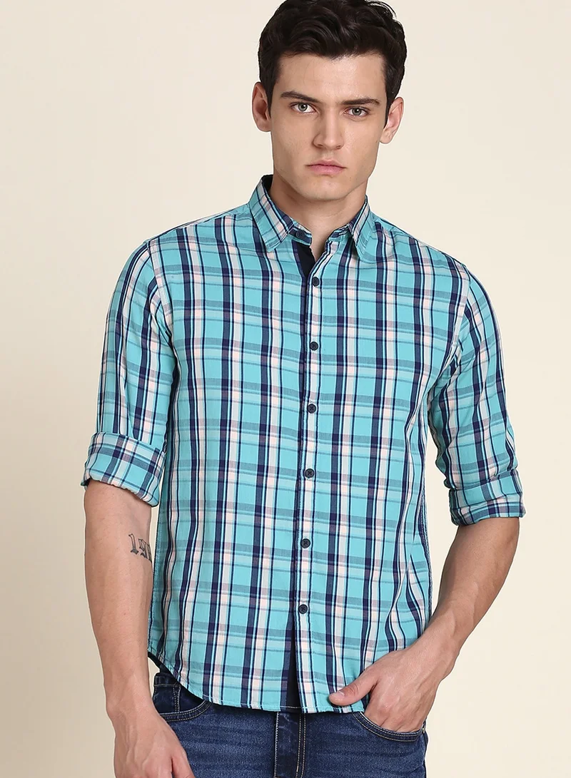 دينيس لينغو Blue Regular Fit Shirt for Men - Cotton, Checks, Spread Collar, Full Sleeves, Casual