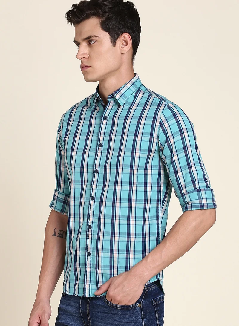 دينيس لينغو Blue Regular Fit Shirt for Men - Cotton, Checks, Spread Collar, Full Sleeves, Casual