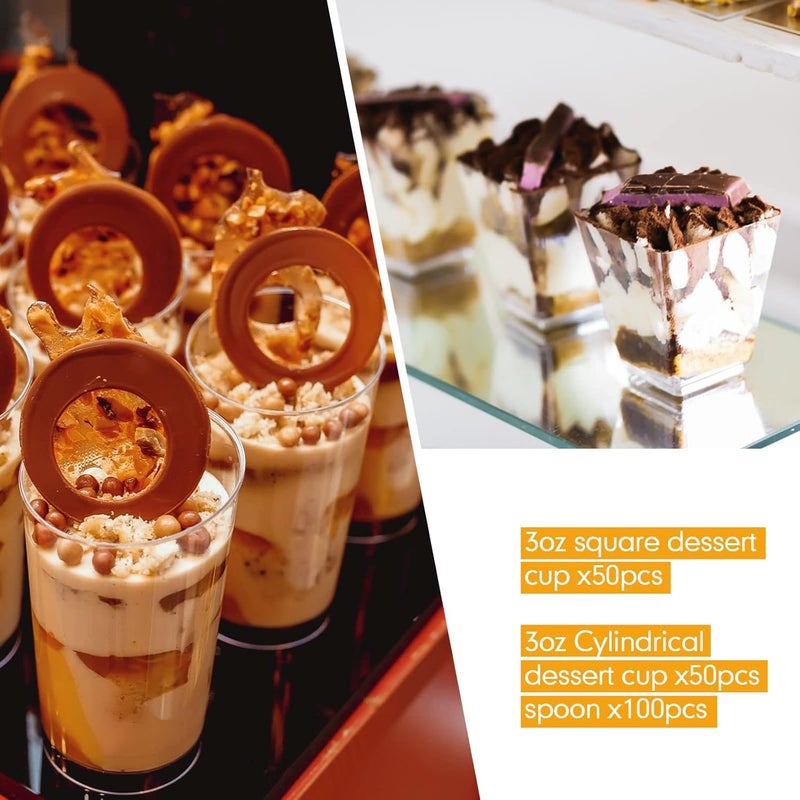 Zhehao 100 مجموعة أكواب حلوى مصغرة سعة 3 أونص مع ملاعق أكواب بارفيه دائرية شفافة أكواب بارفيه مربعة أكواب شوتر قابلة للتخلص أكواب موس صغيرة لتذوق الحلويات والترايفل والمهلبيات 2 أنماط - Image 3