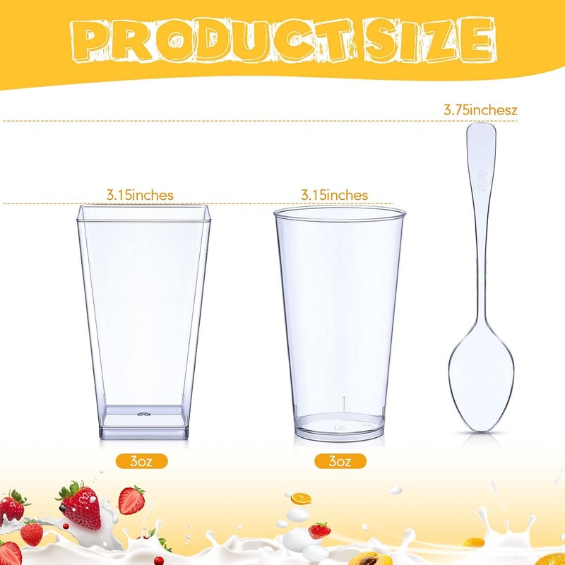 Zhehao 100 مجموعة أكواب حلوى مصغرة سعة 3 أونص مع ملاعق أكواب بارفيه دائرية شفافة أكواب بارفيه مربعة أكواب شوتر قابلة للتخلص أكواب موس صغيرة لتذوق الحلويات والترايفل والمهلبيات 2 أنماط - Image 2