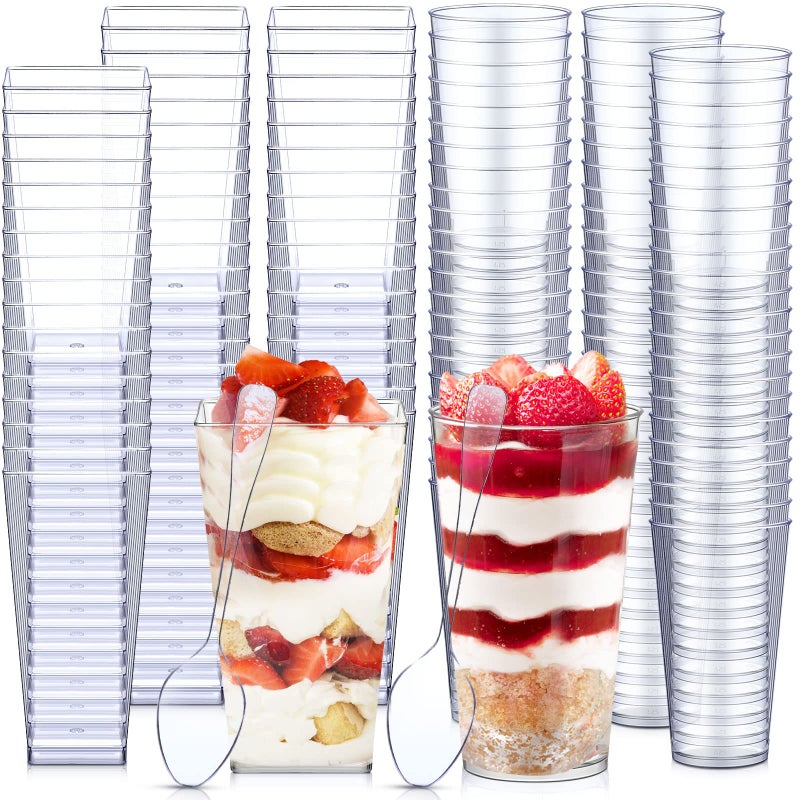 Zhehao 100 مجموعة أكواب حلوى مصغرة سعة 3 أونص مع ملاعق أكواب بارفيه دائرية شفافة أكواب بارفيه مربعة أكواب شوتر قابلة للتخلص أكواب موس صغيرة لتذوق الحلويات والترايفل والمهلبيات 2 أنماط - Image 1