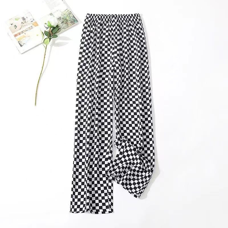 Summer Womens Ice Silk Pants Middle-aged and Elderly Loose Casual Home Pants Elacto Plus Fat Mother Pants Square Sports No.24 Black and White Nine-point Straight Pants 