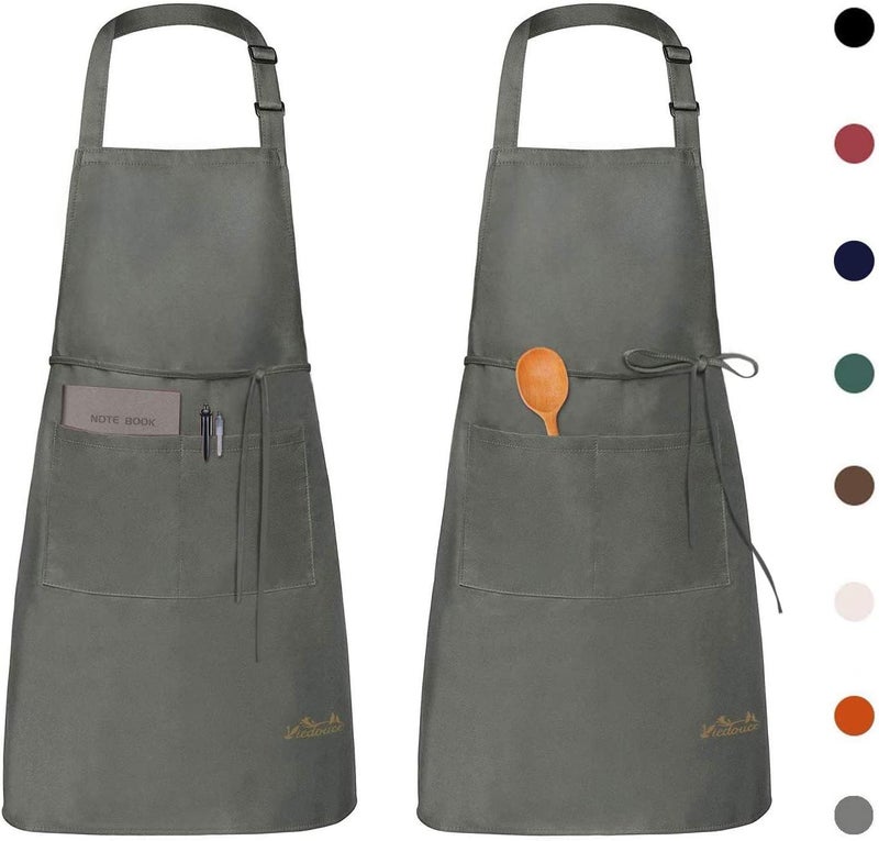 Viedouce 2 Packs Apron Cooking Kitchen Waterproof Adjustable Chef Apron with Pockets for Home Restaurant Craft Garden BBQ School Coffee House Apron for Men Women Gray