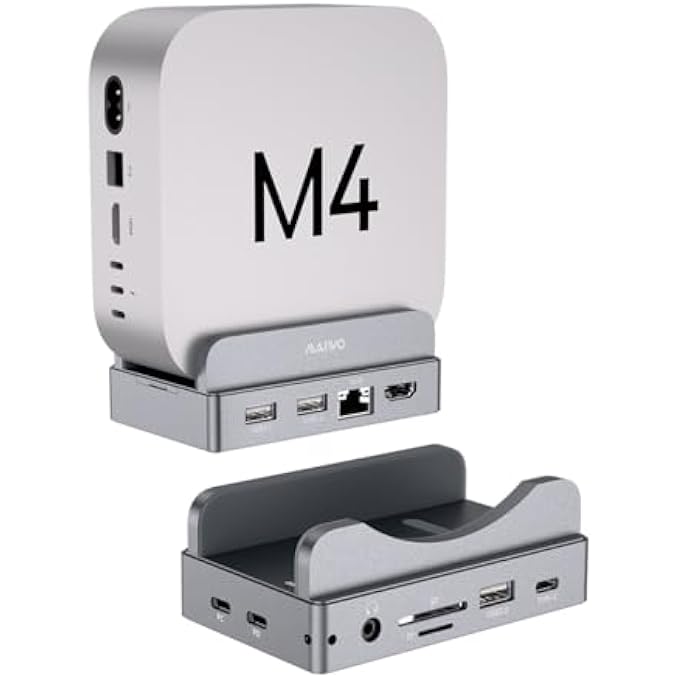 rayihni MAC MINI M4 DOCK & STAND WITH SATA NVME ENCLOSURE, MAC MINI M4 PRO HUB WITH 2XUSBA 3.1, 1XUSBA 2.0, USB C DATA PORT UP TO 10GBPS, RJ45 GIGABIT NETWORK PORT, HD 4K PORT, SD/TF SLOT - Image 1