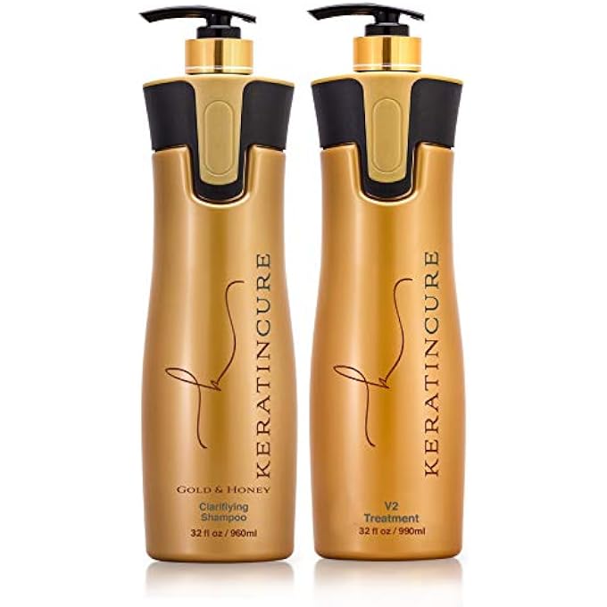 Keratin Cure Brazilian Gold & Honey V2 Creme Blow Out Hair Treatment 2 Piece Pro kit #1 Clarifying Shampoo # 2 Gold & Honey 960 ml / 32.5 Fl Oz Wash the Same Day (960ML/32)