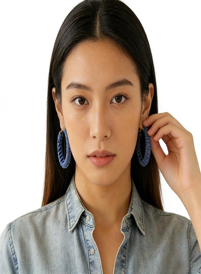 WCRAZYE Denim Large Hoop Earrings for Women ​ Bohemian Blue Circle Round Statement Earrings Boho Denim Jewelry (Blue) - Image 3