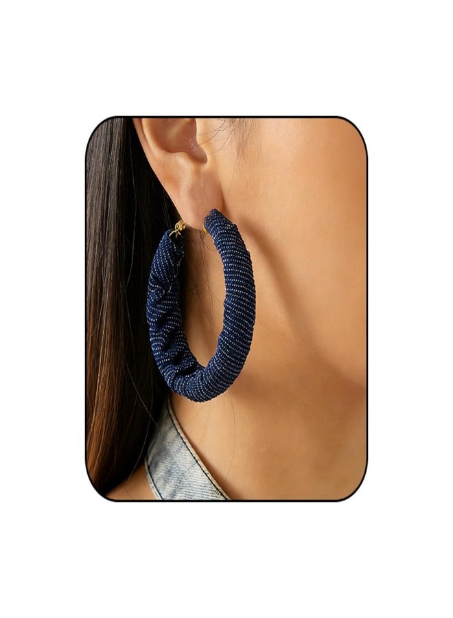WCRAZYE Denim Large Hoop Earrings for Women ​ Bohemian Blue Circle Round Statement Earrings Boho Denim Jewelry (Blue) - Image 1