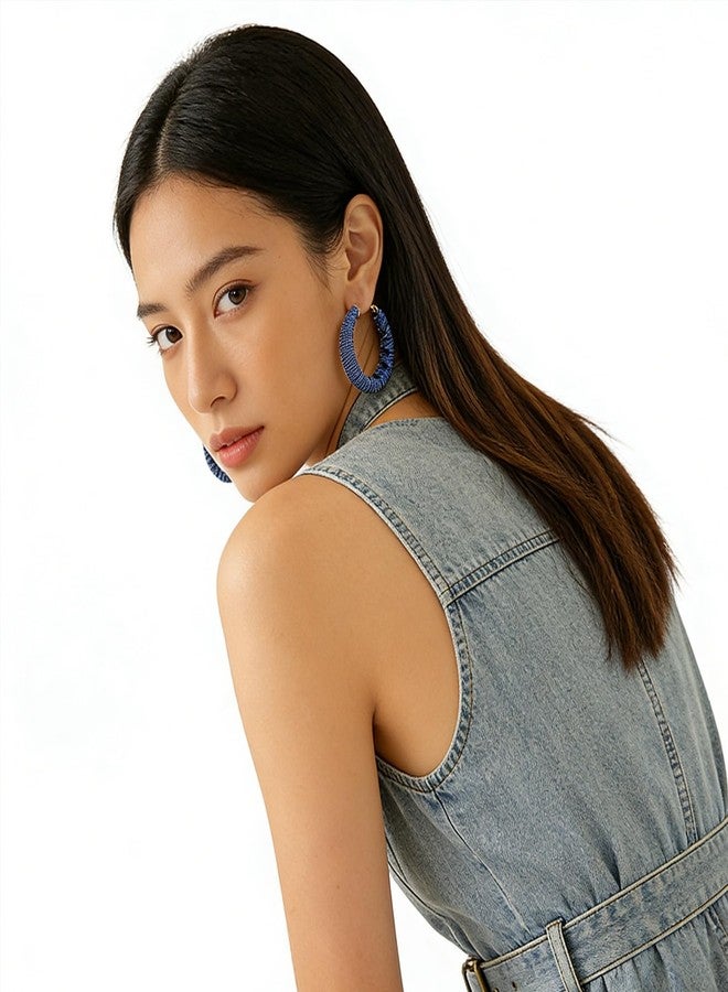 WCRAZYE Denim Large Hoop Earrings for Women ​ Bohemian Blue Circle Round Statement Earrings Boho Denim Jewelry (Blue) - Image 2
