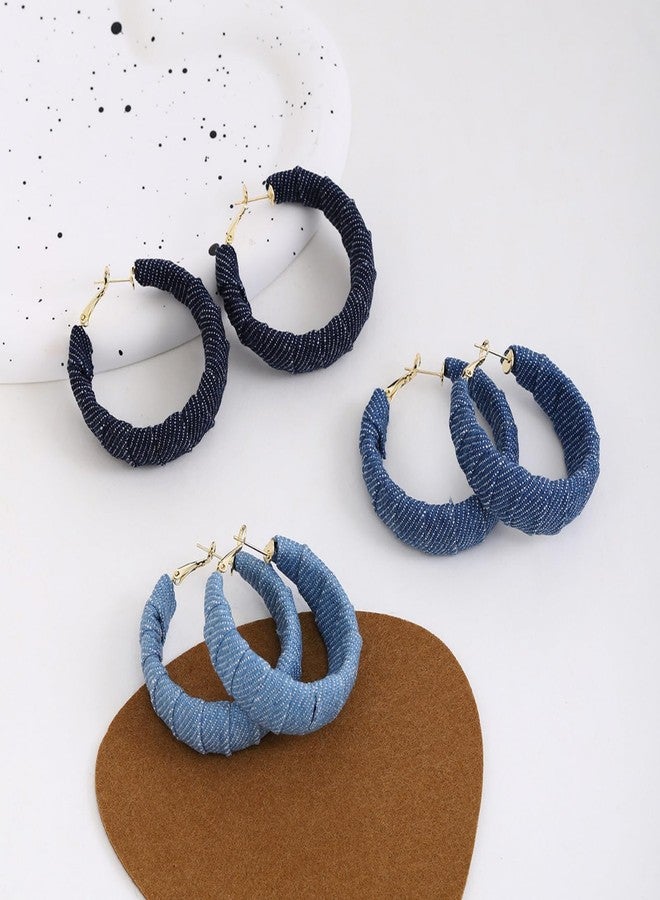 WCRAZYE Denim Large Hoop Earrings for Women ​ Bohemian Blue Circle Round Statement Earrings Boho Denim Jewelry (Blue) - Image 5