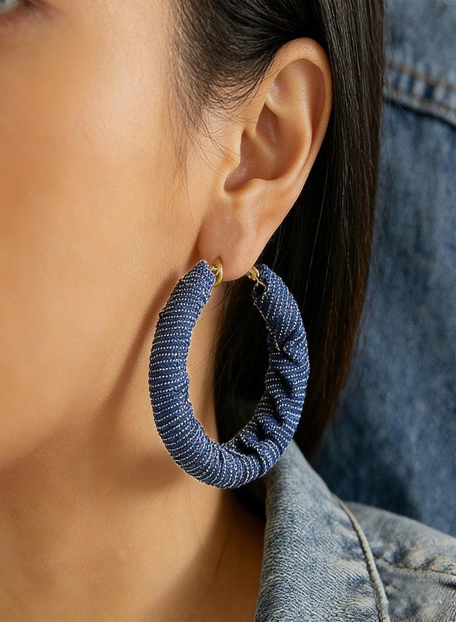 WCRAZYE Denim Large Hoop Earrings for Women ​ Bohemian Blue Circle Round Statement Earrings Boho Denim Jewelry (Blue) - Image 4