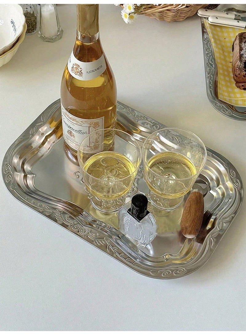 MAIDI Vintage Ornate Silver-Tone Metal Tray, Multi-Functional Serving & Decorative Tray with Intricate Carvings, Available in Large (35×24.5cm) and Small (30×20cm) Sizes, Perfect for Dining, Home Organization, and Stylish Display, a Blend of Elegance and Practicality - Image 1