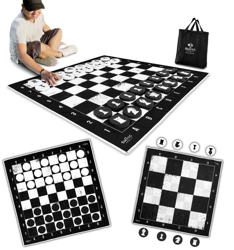 Swooc Games 3in1 Giant Chess Checkers Chess Tac Toe Game with Mat 4ft x 4ft MachineWashable Canvas 5 Big Foam Discs Giant Chess Set Outdoor Checkers Board Game for Adults Kids - Image 4