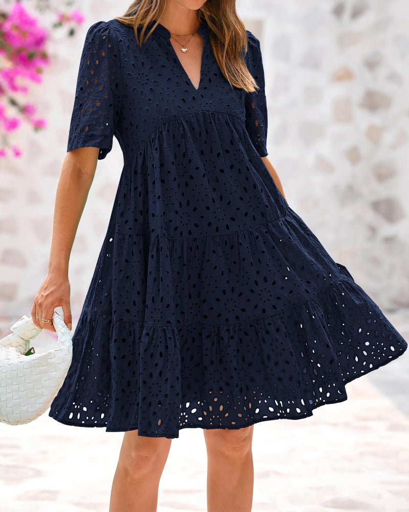 BTFBM Womens Boho Summer Dresses 2026 Spring V Neck Short Sleeve Hollow Out Lace Ruffle Casual Beach Mini Vacation Dress(Navy, X-Large) - Image 5