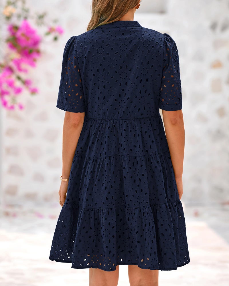 BTFBM Womens Boho Summer Dresses 2026 Spring V Neck Short Sleeve Hollow Out Lace Ruffle Casual Beach Mini Vacation Dress(Navy, X-Large) - Image 3