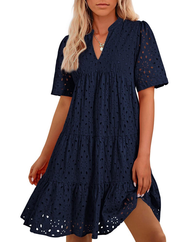 BTFBM Womens Boho Summer Dresses 2026 Spring V Neck Short Sleeve Hollow Out Lace Ruffle Casual Beach Mini Vacation Dress(Navy, X-Large) - Image 1